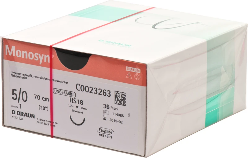Monosyn®  Packung  36 Stück ungefärbt, 70 cm, HS18, 1\2 Kreis, schneidend, 18 mm, USP 5\0