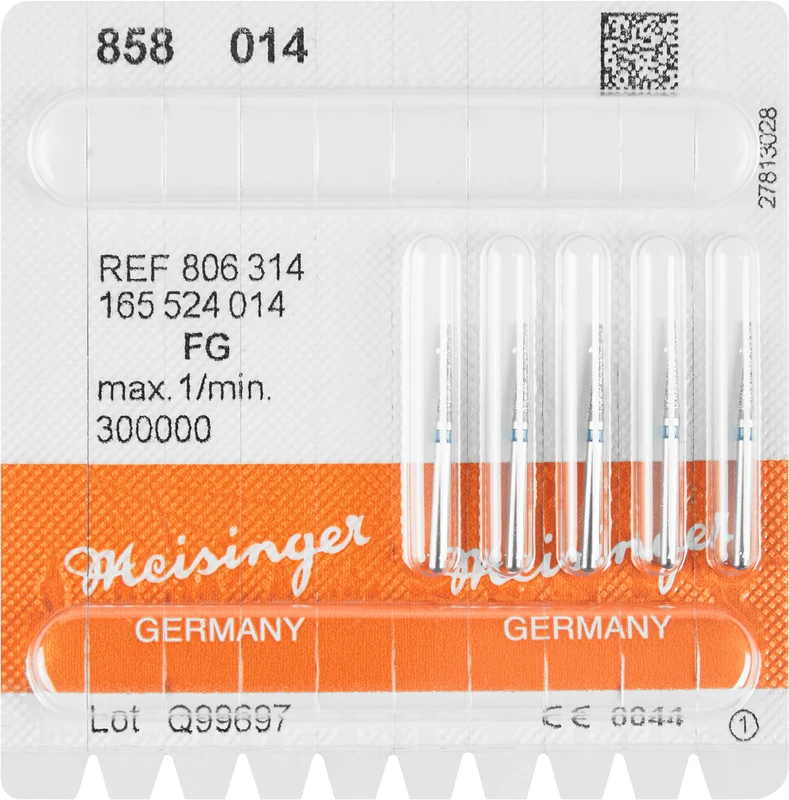 Diamanten 858  Packung  5 Stück blau mittel, FG, Figur 165 kon. spitz, Nadel, 8 mm, ISO 014