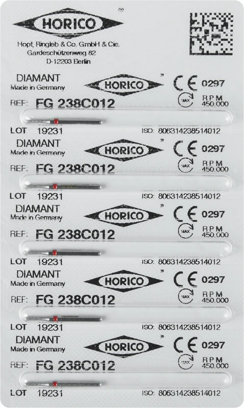 Diamantschleifer 238  Packung  5 Stück rot fein, FG, Figur 238, 4 mm, ISO 012