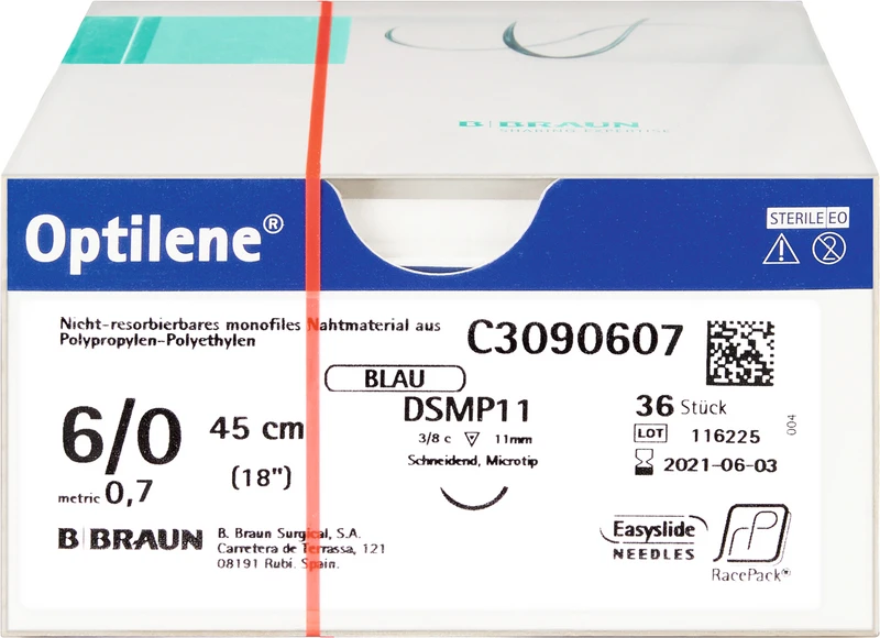 Optilene®  Packung  36 Stück blau, 45 cm, DSMP11, 3\8 Kreis, schneidend, Mikropräzision, 11 mm, USP 6\0