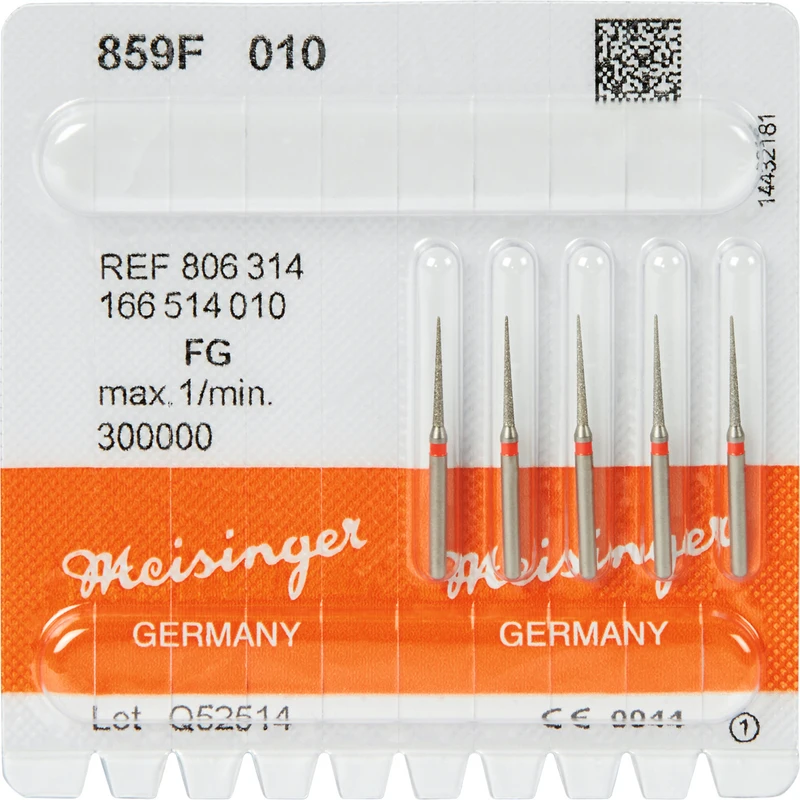 Diamanten 859  Packung  5 Stück rot fein, FG, Figur 166 kon. spitz, 10 mm, ISO 010