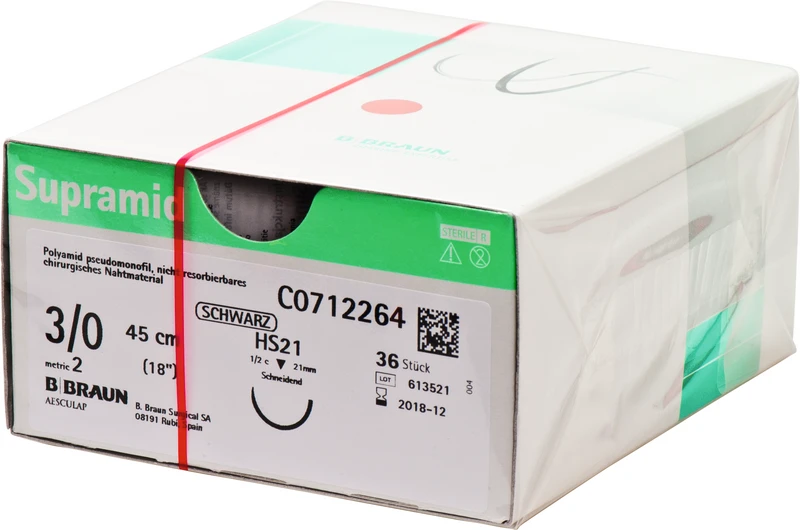 Supramid  Packung  36 Stück schwarz, 45 cm, HS21, 1\2 Kreis, schneidend, 21 mm, USP 3\0