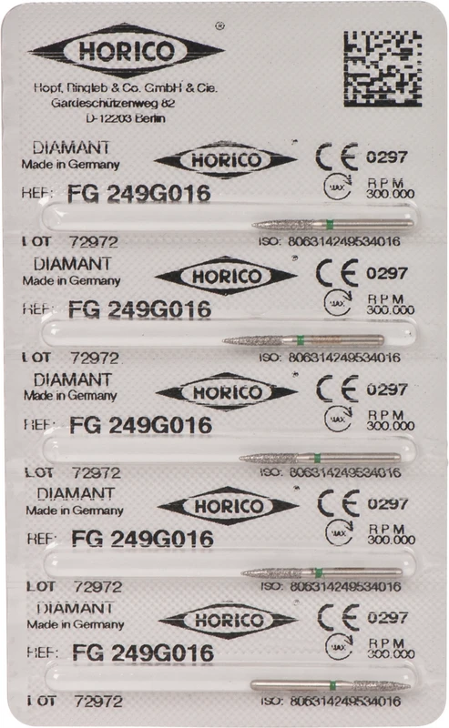 Diamantschleifer 249  Packung  5 Stück grün grob, FG, Figur 249, 8 mm, ISO 016