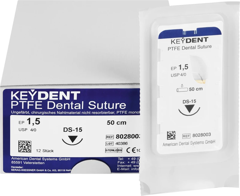 KEYDENT PTFE  Packung  12 Stück 50 cm, Edelstahl, DS-15, USP 4\0