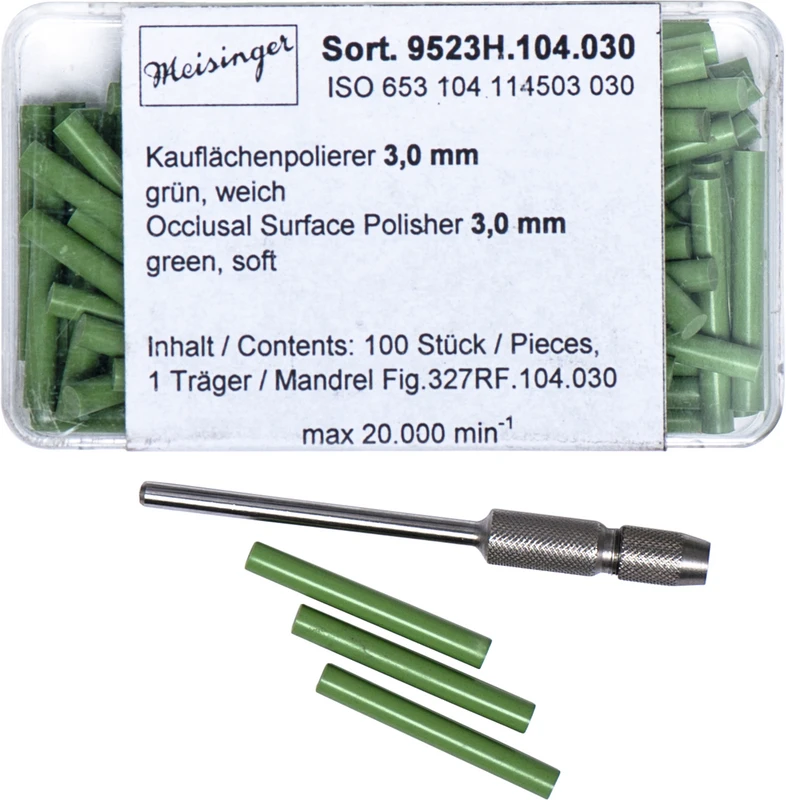 Kauflächenpolierer  Packung  100 St.unm., grün sehr fein, weich, Figur 114, 23 mm, ISO 030, 1 Halter