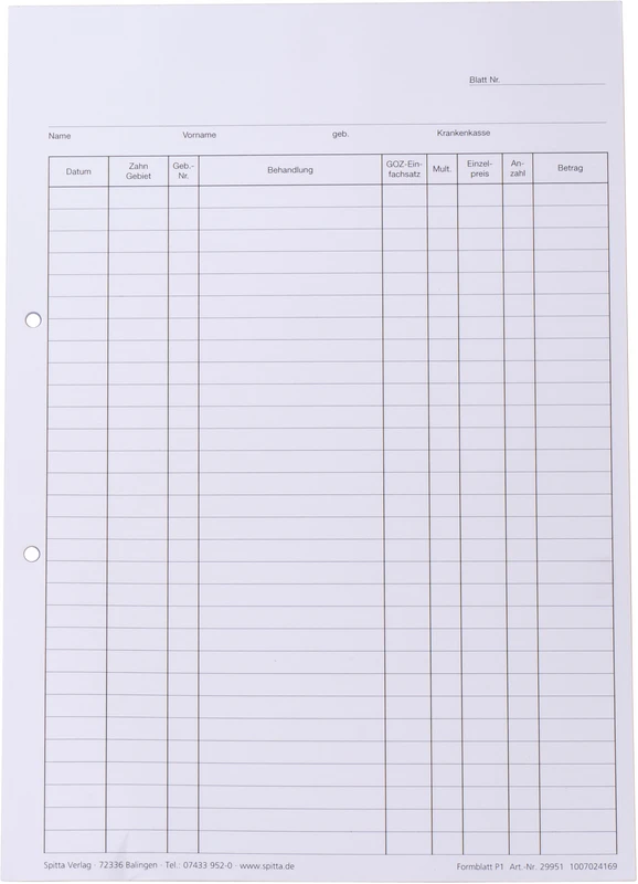 Krankenblatt P1   Stück  100 blatt seitlich gelocht, A4