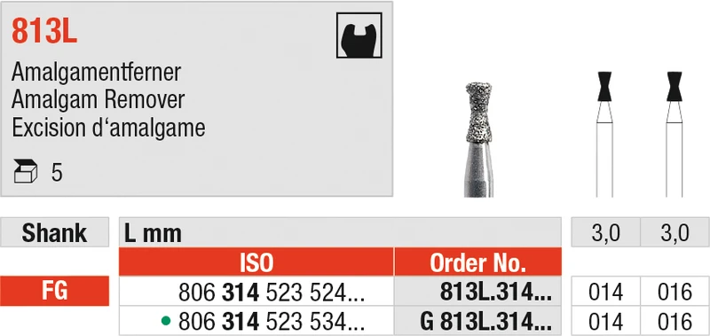 Diamanten 813L  Packung  5 Stück Standard, FG, Figur 523 Amalgamentferner lang, 3 mm, ISO 016
