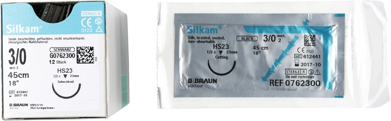 Silkam®  Packung  12 Stück schwarz, 45 cm, HS23, 1\2 Kreis, schneidend, 23 mm, USP 3\0