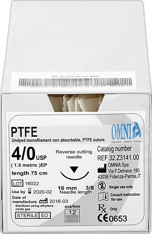 PTFE Nahtmaterial   Packung  12 Stück 75 cm, 3\8 Kreis, schneidend, 16 mm, USP 4\0