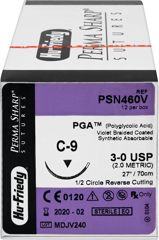 Perma Sharp PGA  Packung  12 Stück ungefärbt, 70 cm, C-9, 1\2 Kreis, schneidend, Rückstich, 23 mm, USP 3\0