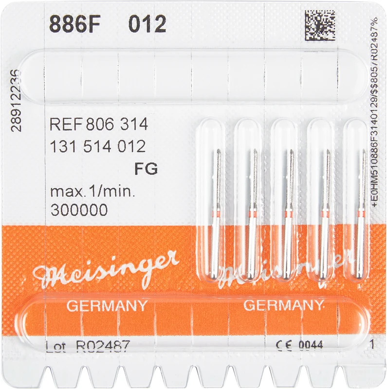 Diamanten 886  Packung  5 Stück rot fein, FG, Figur 131 Zylinder spitz, 10 mm, ISO 012
