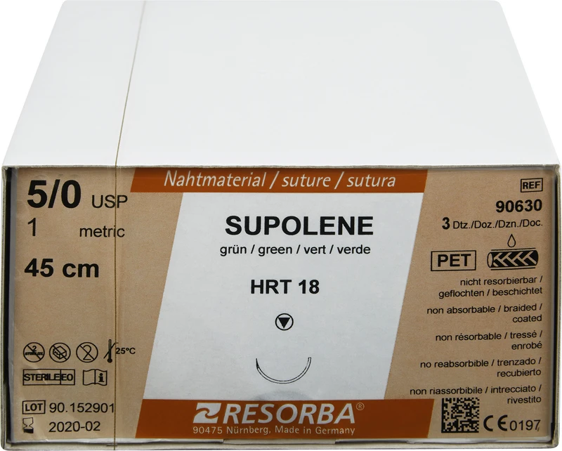 RESORBA® Supolene  Packung  36 Stück grün, 45 cm, HRT18, 1\2 Kreis, schneidender Rundkörper, 18 mm, USP 5\0