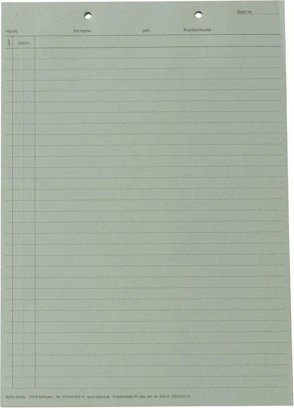 Krankenblatt M1   Stück  100 Blatt, kopfgelocht, A5