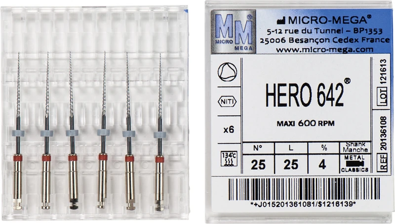 HERO 642 Feilen  Packung  6 Stück 25 mm, Taper.04 ISO 025