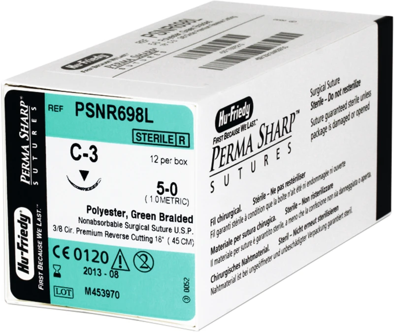 Perma Sharp Polyester  Packung  12 Stück grün, 45 cm, C-3, 3\8 Kreis, schneidend, Premium-Rückstich, 13 mm, USP 5\0