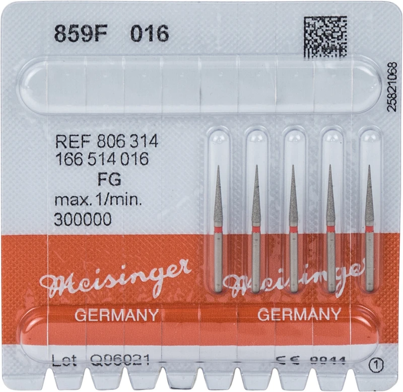 Diamanten 859  Packung  5 Stück rot fein, FG, Figur 166 kon. spitz, 10 mm, ISO 016