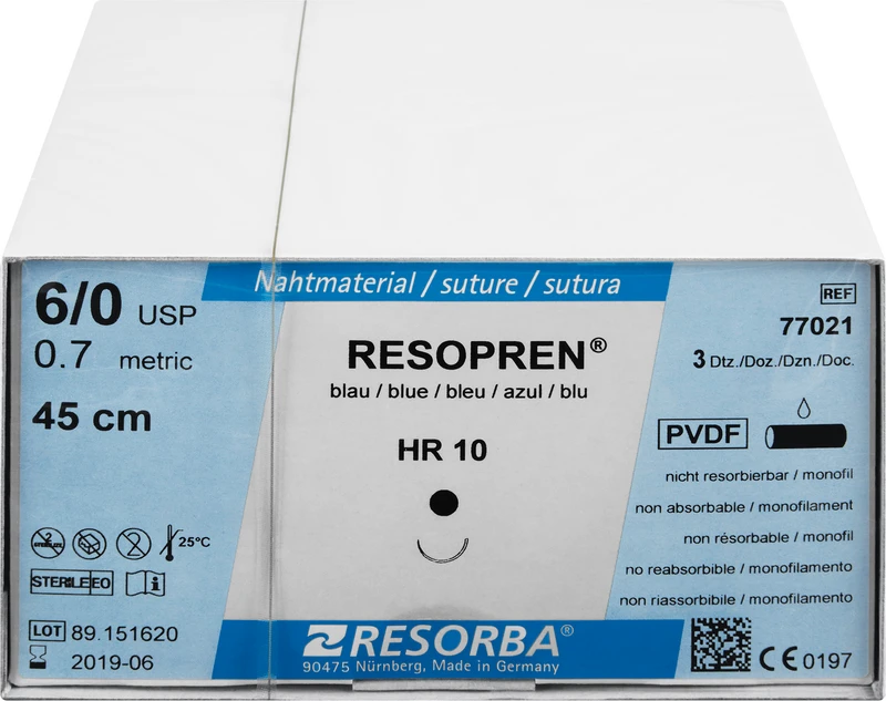 RESOPREN®  Packung  36 Stück blau, 45 cm, HR10, 1\2 Kreis, Rundkörper, 10 mm, USP 6\0