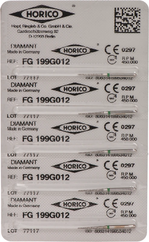 Diamantschleifer 199  Packung  5 Stück grün grob, FG, Figur 199, 10 mm, ISO 012