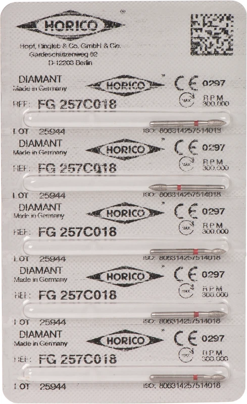 Diamantschleifer 257  Packung  5 Stück rot fein, FG, Figur 257, 4,5 mm, ISO 018