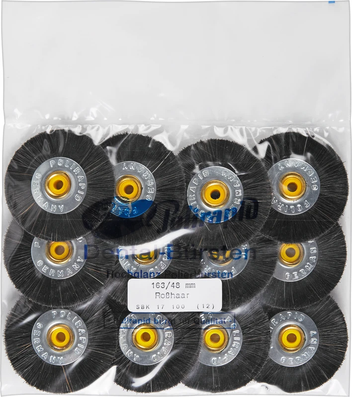 Schmalbürsten  Packung  12 Stück mit gelben Kunststoffkern, Roßhaar (Schweif) hart, Ø 48 mm, S: 4 mm