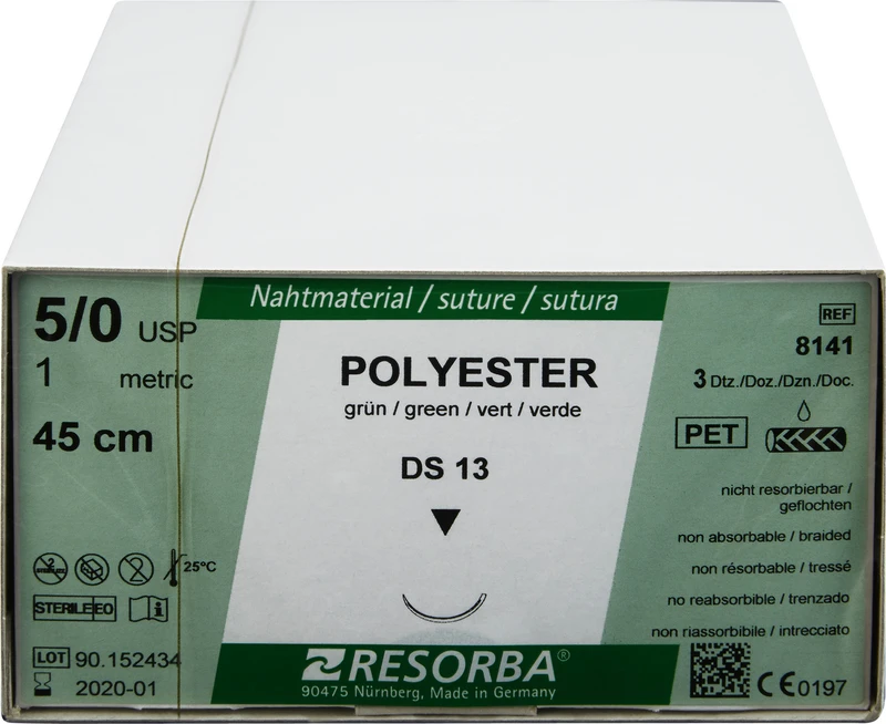 RESORBA® Polyester  Packung  36 Stück grün, 45 cm, DS13, 3\8 Kreis, außen schneidend, 13 mm, USP 5\0