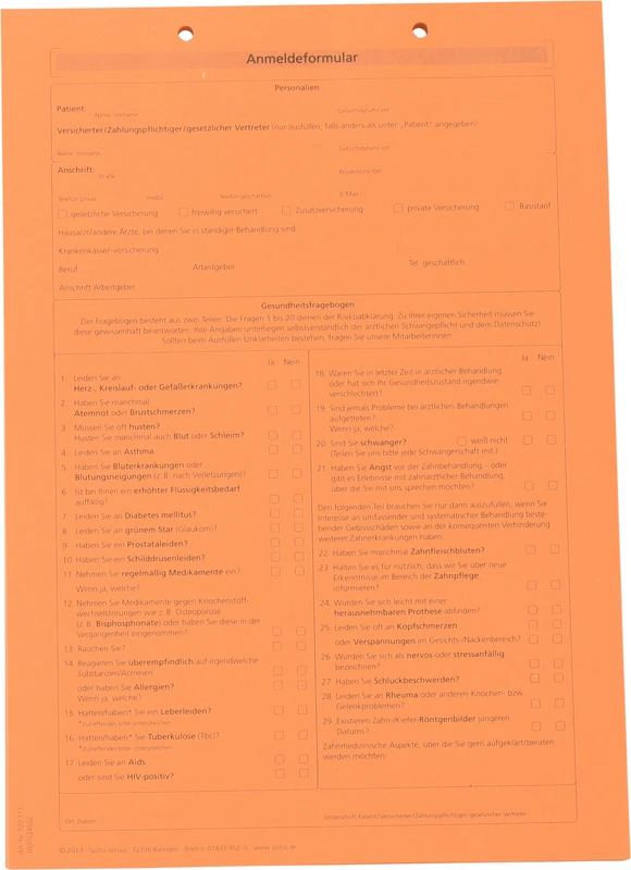 Anmeldeformulare Anamnese   Stück  100 Blatt A4, Orange