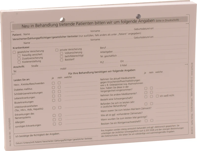 Anmeldeformulare Anamnese   Stück  100 Blatt A5, Querformat