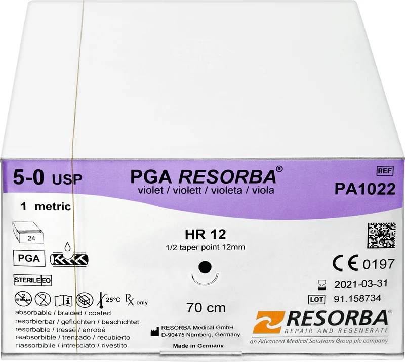 RESORBA® PGA  Packung  24 Stück violett, 70 cm, HR12, 1\2 Kreis, Rundkörper, 12 mm, USP 5\0