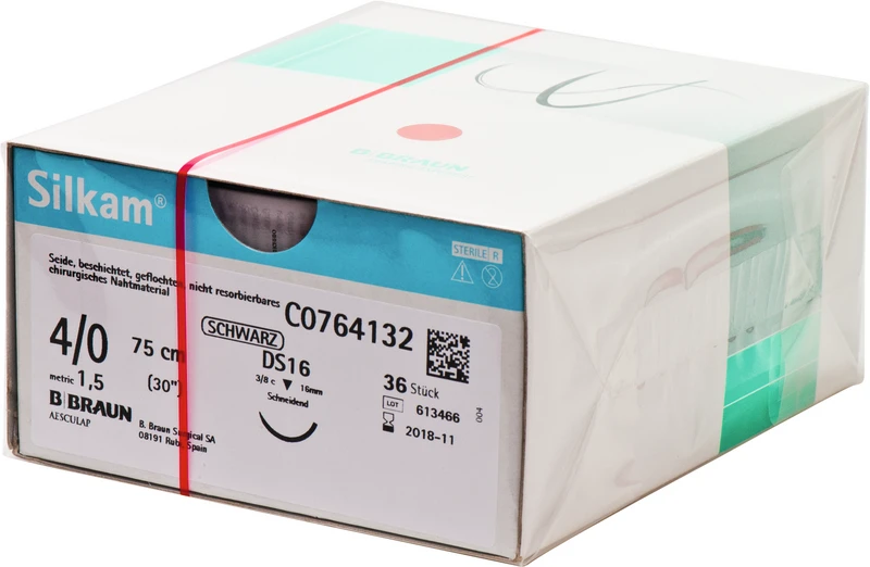 Silkam®  Packung  36 Stück schwarz, 75 cm, DS16, 3\8 Kreis, schneidend, 16 mm, USP 4\0