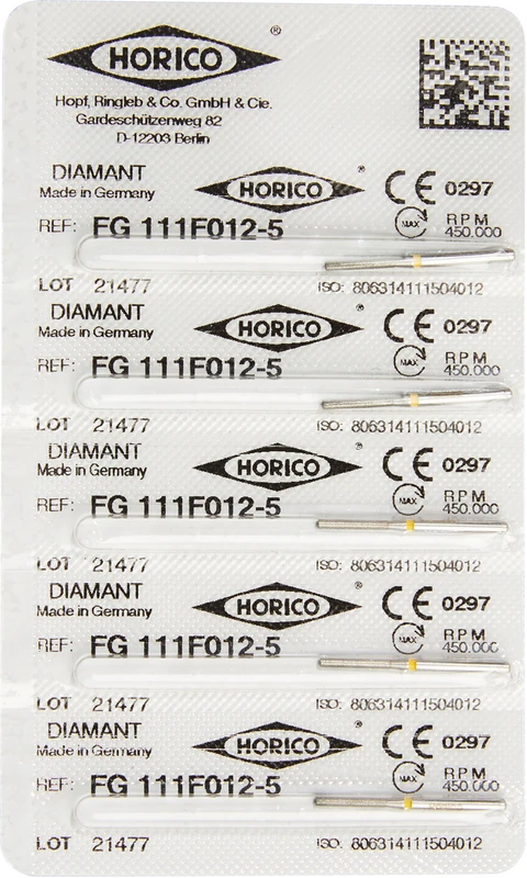 Diamantschleifer 111  Packung  5 Stück gelb x-fein, FG, Figur 111, 8 mm, ISO 012