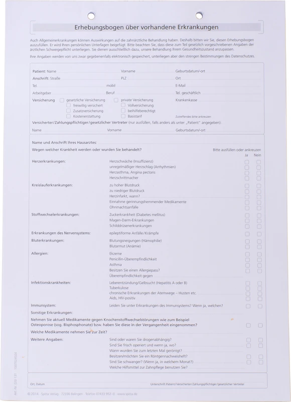 Anmeldeformulare Anamnese   Stück  100 Blatt A4, vorhandene Erkrankungen