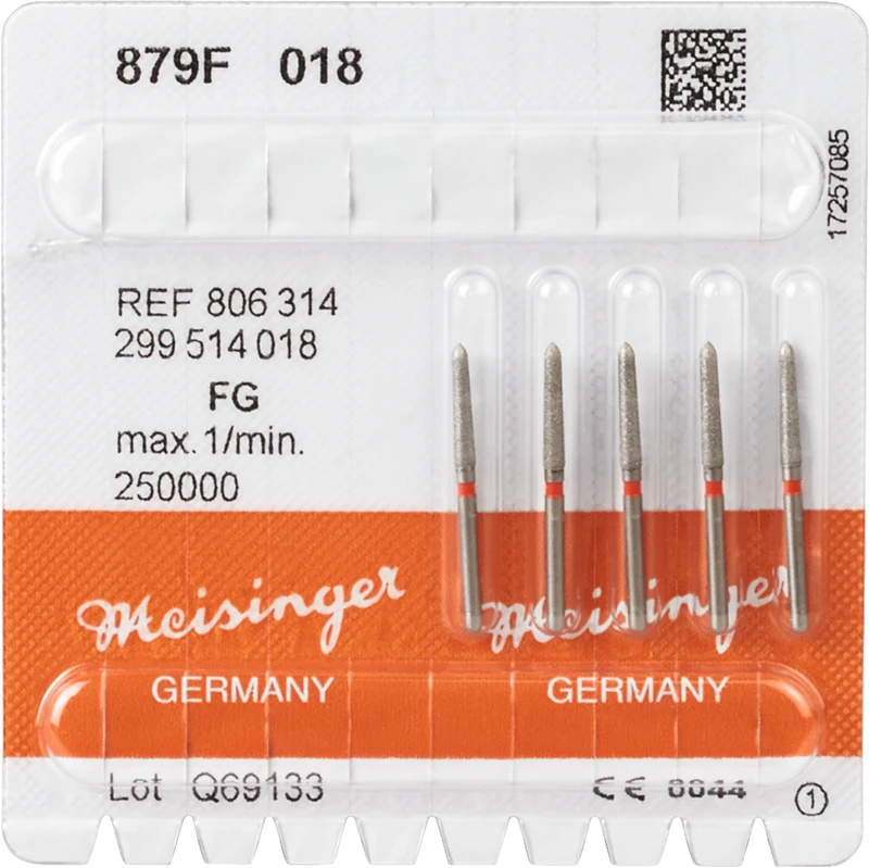 Diamanten 879  Packung  5 Stück rot fein, FG, Figur 299 Torpedo konisch, 10 mm, ISO 018