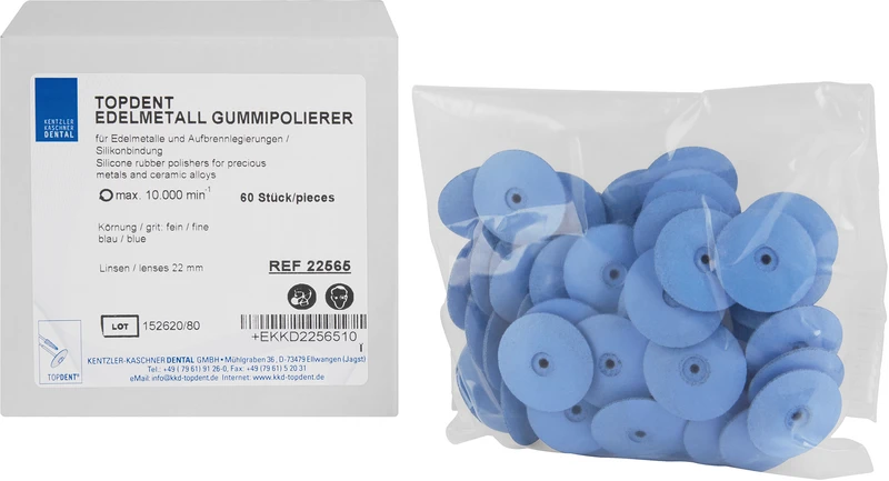 TOPDENT Edelmetall Gummipolierer  Packung  60 Stück blau fein, Linse 22 mm