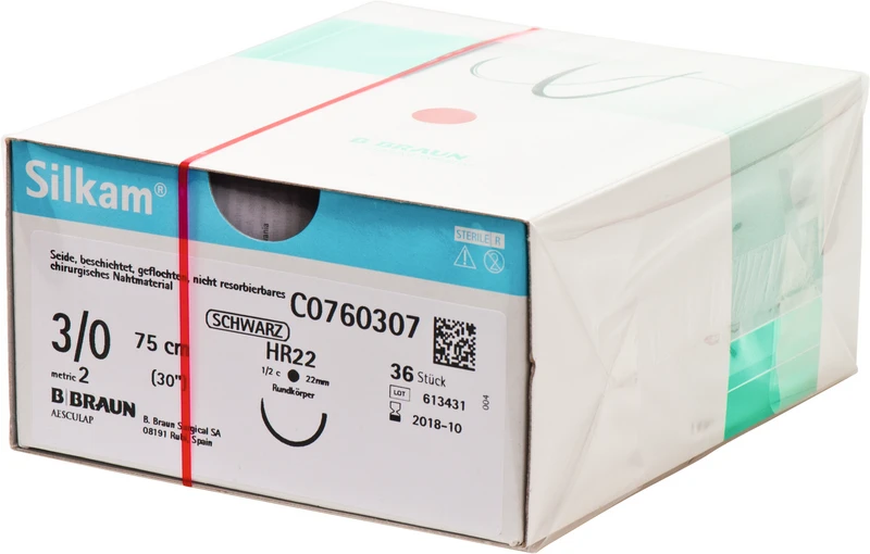 Silkam®  Packung  36 Stück schwarz, 75 cm, HR22, 1\2 Kreis, Rundkörper, 22 mm, USP 3\0