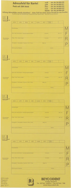 Adressfeldstreifen 530  Packung  200 Stück gelb