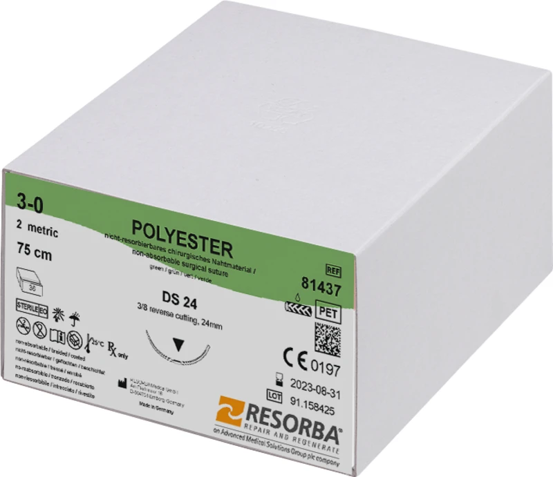 RESORBA® Polyester  Packung  36 Stück grün, 75 cm, DS24, 3\8 Kreis, außen schneidend, 24 mm, USP 3\0