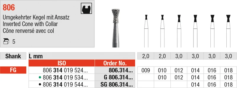 Diamanten 806  Packung  5 Stück Standard, FG, Figur 019 umgekehrter Kegel mit Ansatz, 3 mm, ISO 014