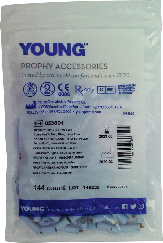 Young Prophylaxekelch Turbo Plus  Packung  144 Stück hellblau, lang, hart, Screw-Type