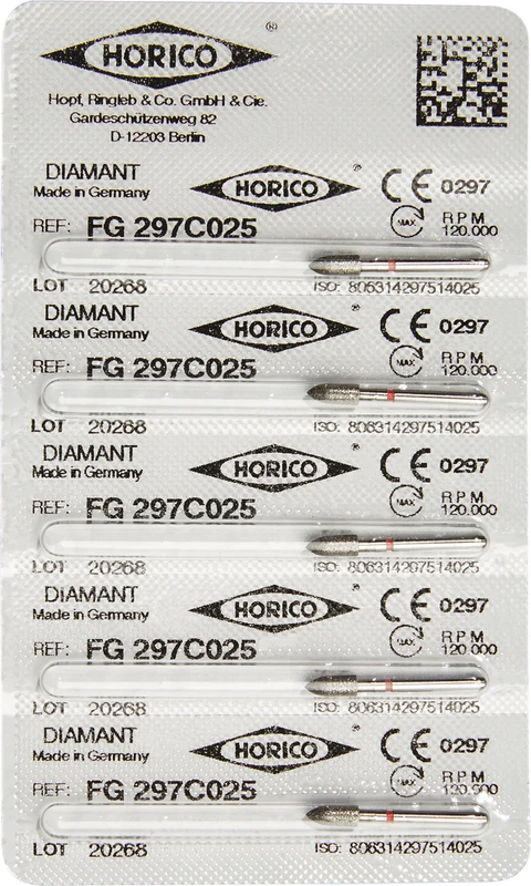 Diamantschleifer 297  Packung  5 Stück rot fein, FG, Figur 297, 6 mm, ISO ISO 025