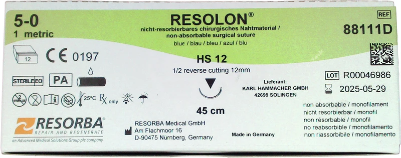 RESOLON®  Packung  12 Stück blau, 45 cm, HS12, 1\2 Kreis, schneidend, 12 mm, USP 5\0