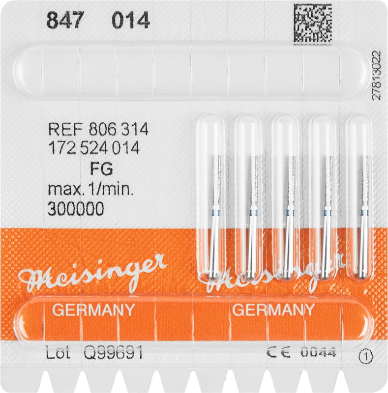 Diamanten 847  Packung  5 Stück blau mittel, FG, Figur 172 Konus Kante scharf, 8 mm, ISO 014