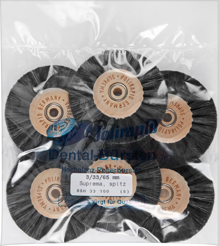 Suprema Rundbürsten  Packung  6 Stück mit Holzkern, 3-reihig, spitz, Kern: 33 mm, Außen: 65 mm