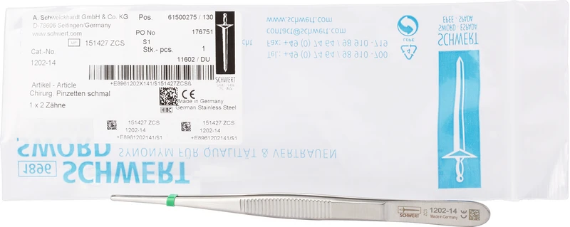 Pinzette schmal  Stück  schmal, 1 x 2 Zähne, 1,7 mm, 140 mm