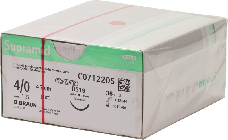 Supramid  Packung  36 Stück schwarz, 45 cm, DS19, 3\8 Kreis, schneidend, 19 mm, USP 4\0