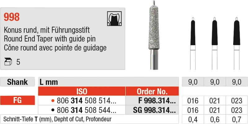 Diamanten 998  Packung  5 St. schw. s-grob, FG, Figur 508 Konus rund m. Führungsst., 9 mm, 0,4 mm, ISO 016