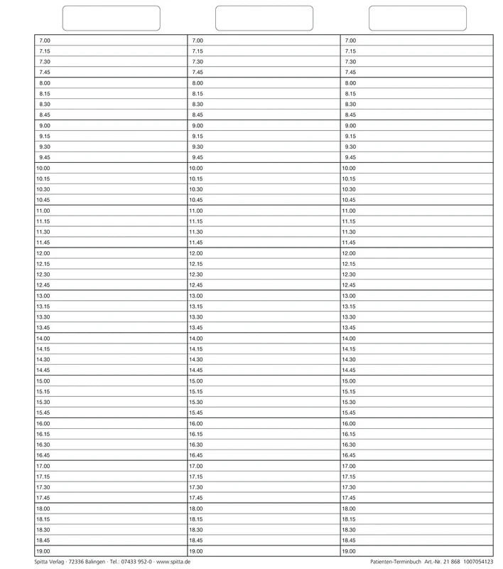 Einlageblatt Patienten-Terminbuch mit Uhrzeit   Packung  50 Stück mit Uhrzeit, durchgehend