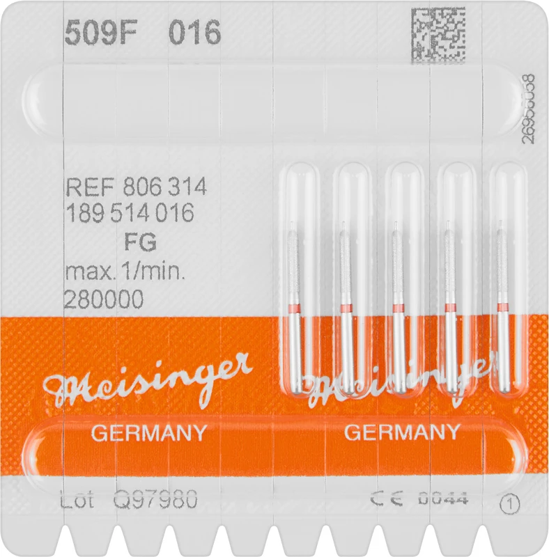 Diamanten 509  Packung  5 St. rot fein, FG, Fig. 189 Par. Hohlkehle m. Führungsspitze, 8 mm, ISO 016