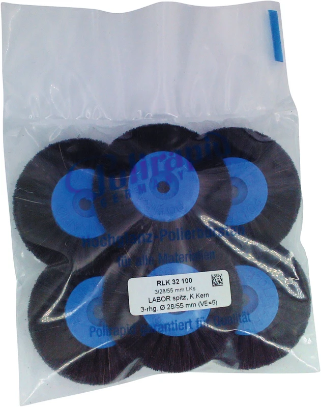 Labor Rundbürsten  Packung  6 Stück mit KK, 3-reihig, Chungking schwarz, spitz, Kern: Ø 28 mm, Außen: Ø 55 mm