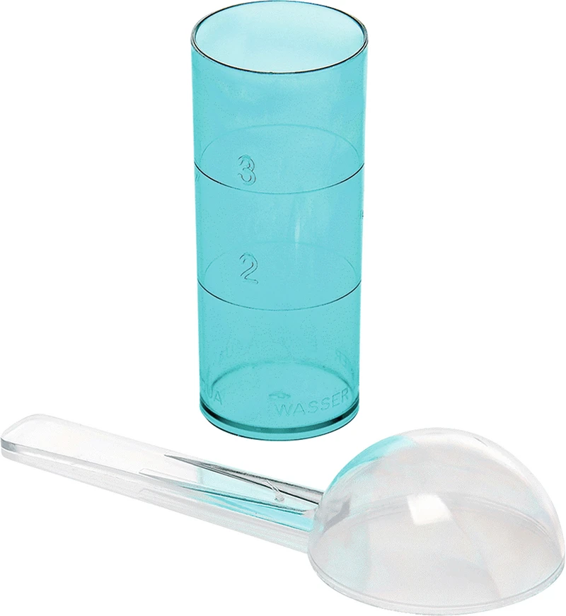 Löffel und Meßbecher, H5\P5   Packung  1 Löffel transparent, 1 Messbecher blau