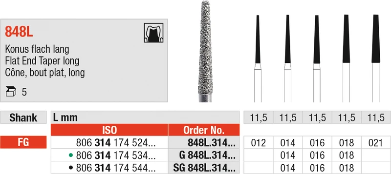 Diamanten 848L  Packung  5 Stück schwarz supergrob, FG, Figur 174 Konus flach lang, 11,5 mm, ISO 014